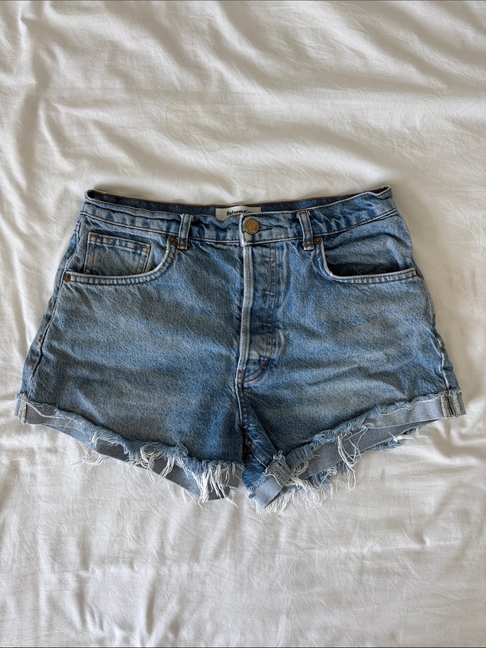 Reformation Light Blue Distressed Denim Cutoff Shorts